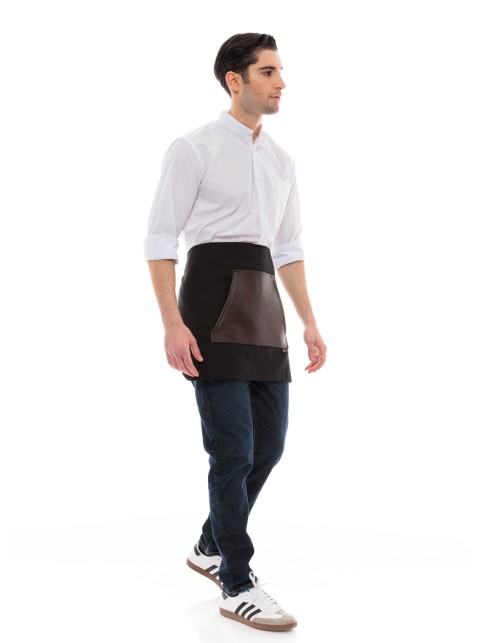 Μαύρη Ποδιά Unisex Barista Κοντή - Από Καμβά Ύφασμα & Καφέ Μάρσιπο Vegan Leather Τσέπη