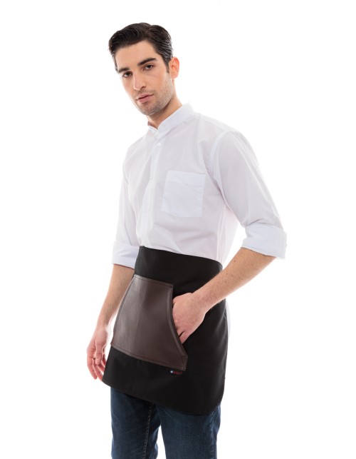 Μαύρη Ποδιά Unisex Barista Κοντή - Από Καμβά Ύφασμα & Καφέ Μάρσιπο Vegan Leather Τσέπη