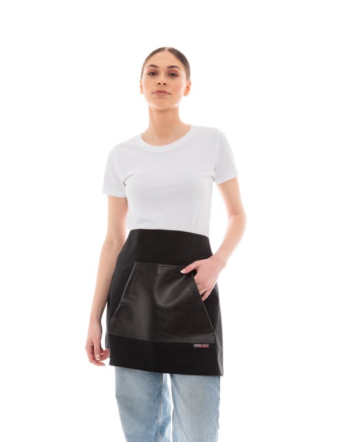 Μαύρη Ποδιά Unisex Barista Κοντή - Από Καμβά Ύφασμα & Μαύρη Μάρσιπο Vegan Leather Τσέπη