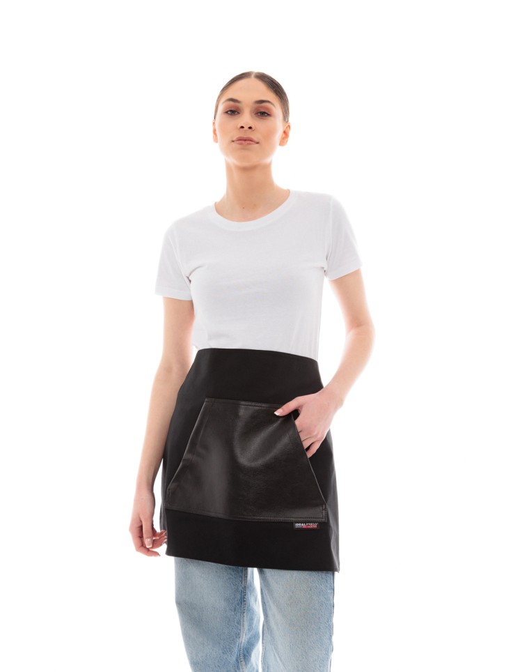 Μαύρη Ποδιά Unisex Barista Κοντή - Από Καμβά Ύφασμα & Μαύρη Μάρσιπο Vegan Leather Τσέπη