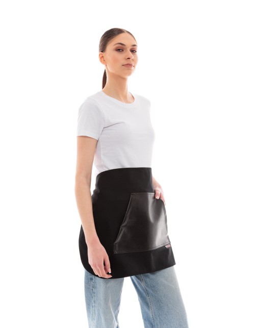 Μαύρη Ποδιά Unisex Barista Κοντή - Από Καμβά Ύφασμα & Μαύρη Μάρσιπο Vegan Leather Τσέπη