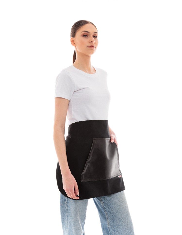 Μαύρη Ποδιά Unisex Barista Κοντή - Από Καμβά Ύφασμα & Μαύρη Μάρσιπο Vegan Leather Τσέπη