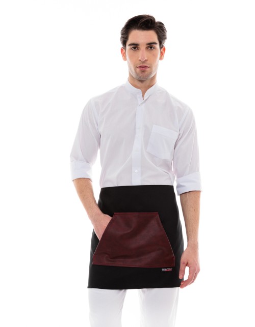 Μαύρη Ποδιά Unisex Barista Κοντή - Από Καμβά Ύφασμα & Μπορντό Μάρσιπο Vegan Leather Τσέπη