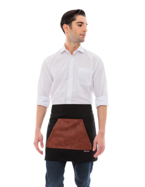 Μαύρη Ποδιά Unisex Barista Κοντή - Από Καμβά Ύφασμα & Ταμπά Μάρσιπο Vegan Leather Τσέπη