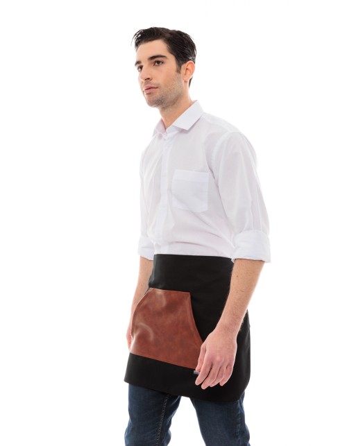 Μαύρη Ποδιά Unisex Barista Κοντή - Από Καμβά Ύφασμα & Ταμπά Μάρσιπο Vegan Leather Τσέπη