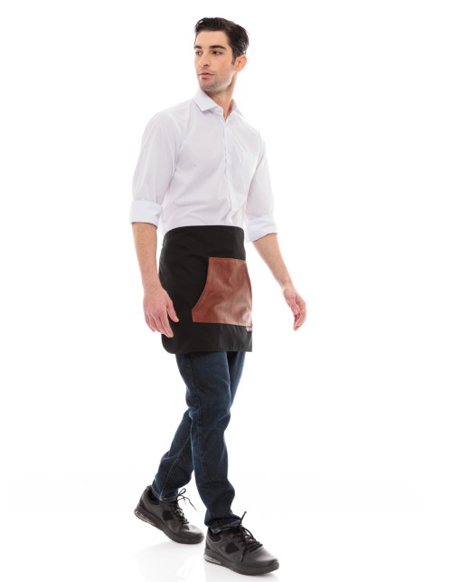 Μαύρη Ποδιά Unisex Barista Κοντή - Από Καμβά Ύφασμα & Ταμπά Μάρσιπο Vegan Leather Τσέπη