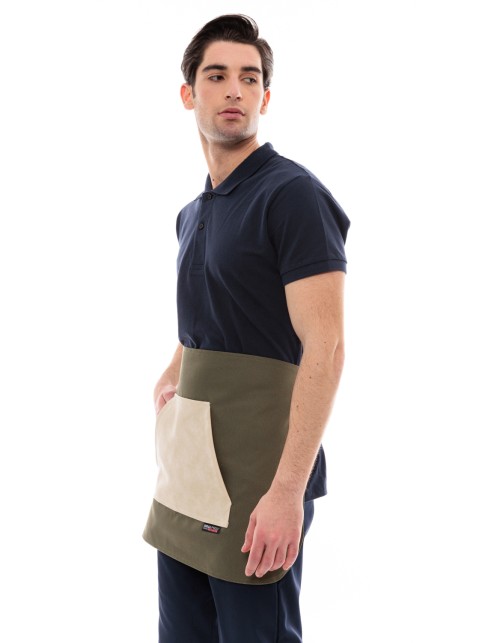 Χακί Ποδιά Unisex Barista Κοντή - Από Καμβά Ύφασμα & Μπεζ Μάρσιπο Vegan Leather Τσέπη