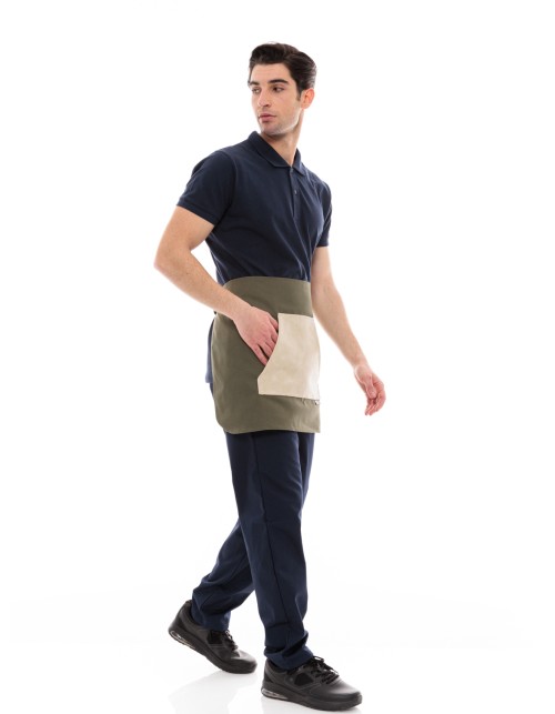 Χακί Ποδιά Unisex Barista Κοντή - Από Καμβά Ύφασμα & Μπεζ Μάρσιπο Vegan Leather Τσέπη
