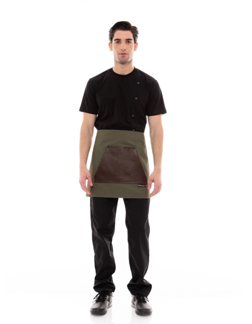 Χακί Ποδιά Unisex Barista Κοντή - Από Καμβά Ύφασμα & Καφέ Μάρσιπο Vegan Leather Τσέπη