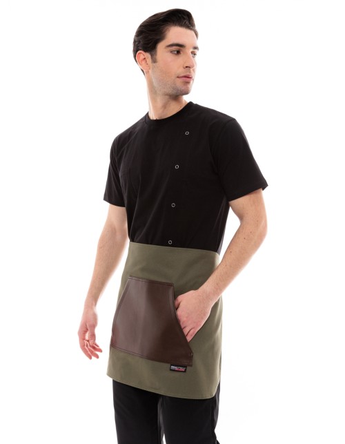 Χακί Ποδιά Unisex Barista Κοντή - Από Καμβά Ύφασμα & Καφέ Μάρσιπο Vegan Leather Τσέπη