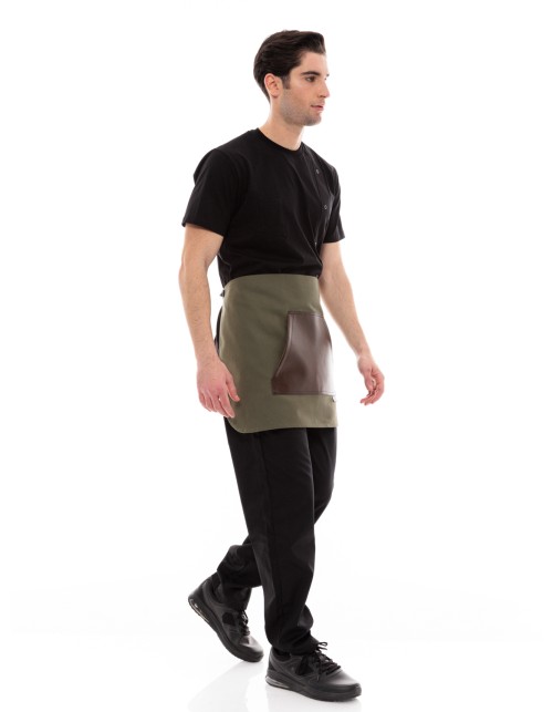 Χακί Ποδιά Unisex Barista Κοντή - Από Καμβά Ύφασμα & Καφέ Μάρσιπο Vegan Leather Τσέπη