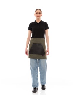 Χακί Ποδιά Unisex Barista Κοντή - Από Καμβά Ύφασμα & Μαύρη Μάρσιπο Vegan Leather Τσέπη