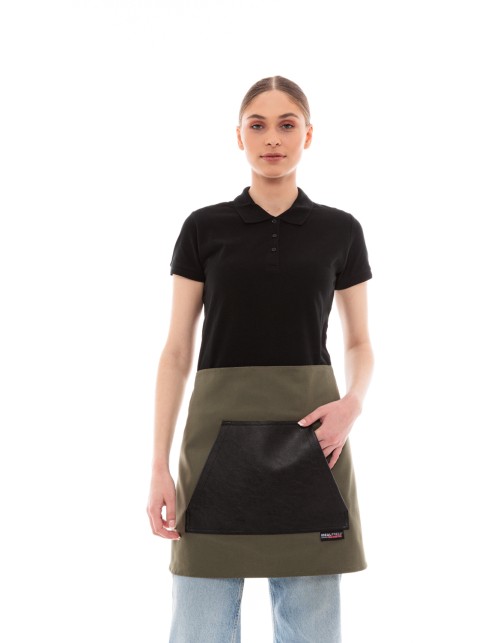Χακί Ποδιά Unisex Barista Κοντή - Από Καμβά Ύφασμα & Μαύρη Μάρσιπο Vegan Leather Τσέπη