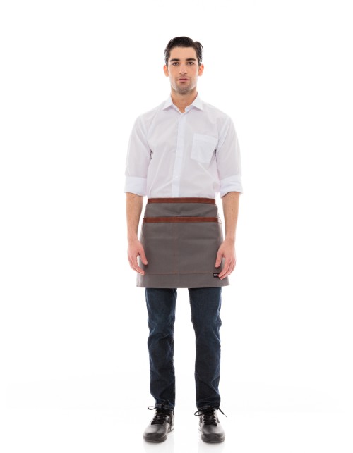 Γκρι Ποδιά Unisex Barista Κοντή - Από Καμβά Ύφασμα & Ταμπά Vegan Leather Λεπτομέρειες