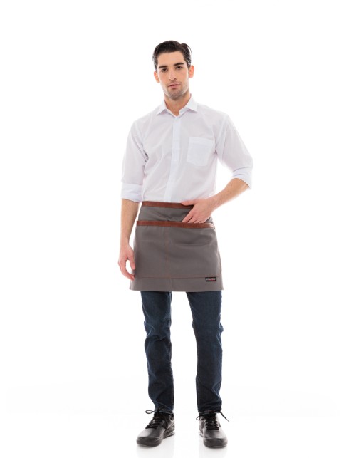Γκρι Ποδιά Unisex Barista Κοντή - Από Καμβά Ύφασμα & Ταμπά Vegan Leather Λεπτομέρειες
