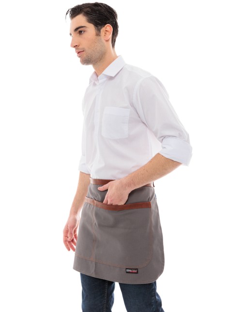 Γκρι Ποδιά Unisex Barista Κοντή - Από Καμβά Ύφασμα & Ταμπά Vegan Leather Λεπτομέρειες