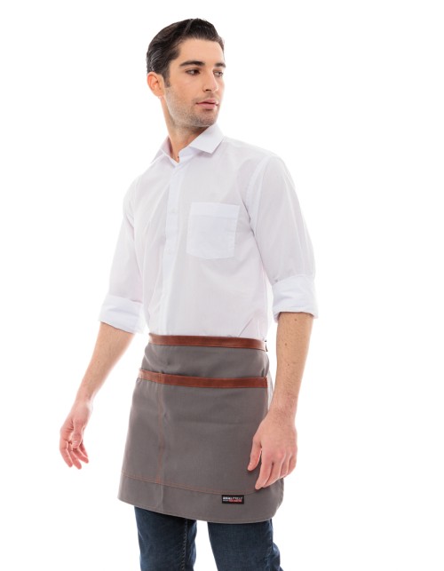 Γκρι Ποδιά Unisex Barista Κοντή - Από Καμβά Ύφασμα & Ταμπά Vegan Leather Λεπτομέρειες