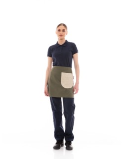 Χακί Ποδιά Unisex Barista Κοντή - Από Καμβά Ύφασμα & Μπεζ Στρογγυλή Vegan Leather Τσέπη