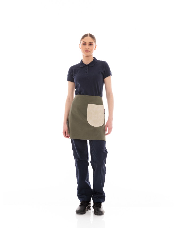 Χακί Ποδιά Unisex Barista Κοντή - Από Καμβά Ύφασμα & Μπεζ Στρογγυλή Vegan Leather Τσέπη