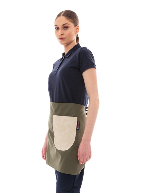 Χακί Ποδιά Unisex Barista Κοντή - Από Καμβά Ύφασμα & Μπεζ Στρογγυλή Vegan Leather Τσέπη