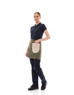 Χακί Ποδιά Unisex Barista Κοντή - Από Καμβά Ύφασμα & Μπεζ Στρογγυλή Vegan Leather Τσέπη