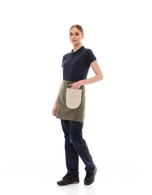 Χακί Ποδιά Unisex Barista Κοντή - Από Καμβά Ύφασμα & Μπεζ Στρογγυλή Vegan Leather Τσέπη