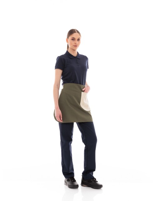Χακί Ποδιά Unisex Barista Κοντή - Από Καμβά Ύφασμα & Μπεζ Στρογγυλή Vegan Leather Τσέπη
