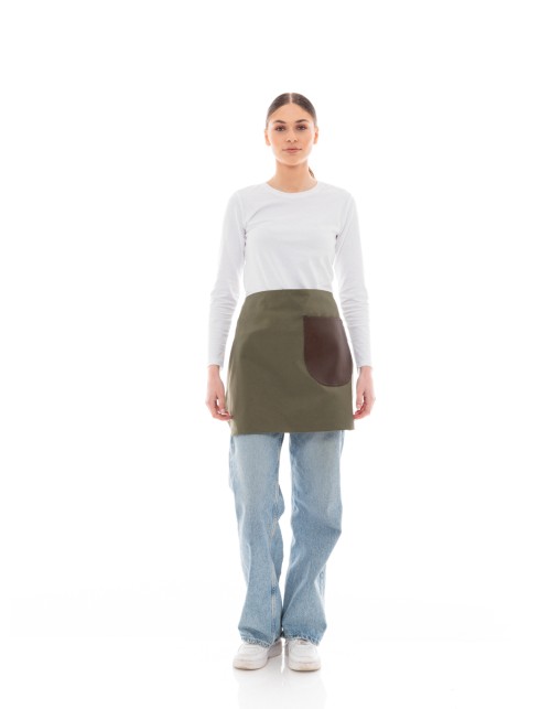 Χακί Ποδιά Unisex Barista Κοντή - Από Καμβά Ύφασμα & Καφέ Στρογγυλή Vegan Leather Τσέπη