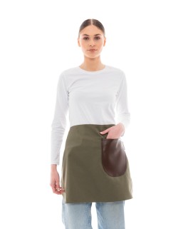 Χακί Ποδιά Unisex Barista Κοντή - Από Καμβά Ύφασμα & Καφέ Στρογγυλή Vegan Leather Τσέπη