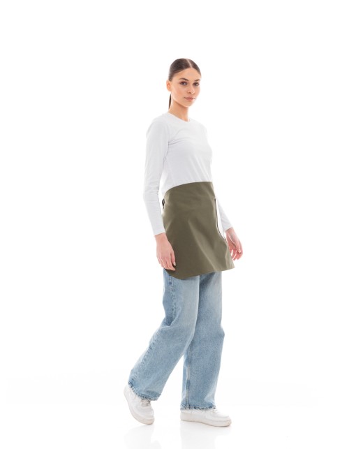 Χακί Ποδιά Unisex Barista Κοντή - Από Καμβά Ύφασμα & Καφέ Στρογγυλή Vegan Leather Τσέπη
