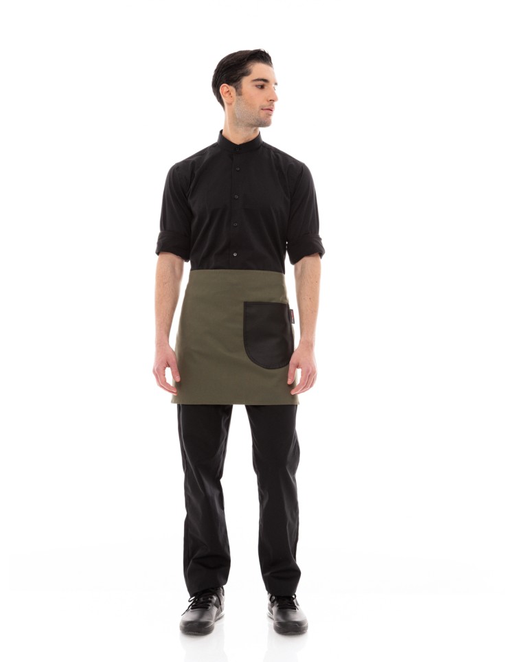 Χακί Ποδιά Unisex Barista Κοντή - Από Καμβά Ύφασμα & Μαύρη Στρογγυλή Vegan Leather Τσέπη