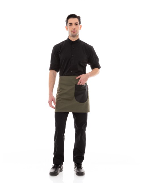 Χακί Ποδιά Unisex Barista Κοντή - Από Καμβά Ύφασμα & Μαύρη Στρογγυλή Vegan Leather Τσέπη