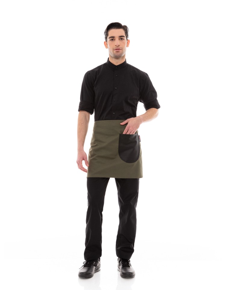 Χακί Ποδιά Unisex Barista Κοντή - Από Καμβά Ύφασμα & Μαύρη Στρογγυλή Vegan Leather Τσέπη