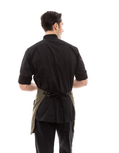 Χακί Ποδιά Unisex Barista Κοντή - Από Καμβά Ύφασμα & Μαύρη Στρογγυλή Vegan Leather Τσέπη