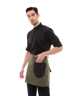 Χακί Ποδιά Unisex Barista Κοντή - Από Καμβά Ύφασμα & Μαύρη Στρογγυλή Vegan Leather Τσέπη