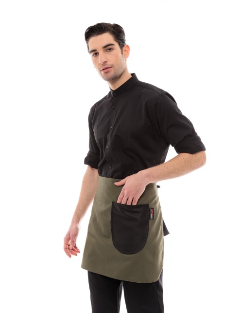 Χακί Ποδιά Unisex Barista Κοντή - Από Καμβά Ύφασμα & Μαύρη Στρογγυλή Vegan Leather Τσέπη