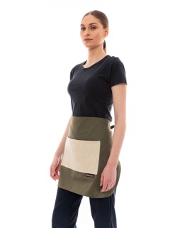 Χακί Ποδιά Unisex Barista Κοντή - Από Καμβά Ύφασμα & Μπεζ Τετράγωνη Vegan Leather Τσέπη