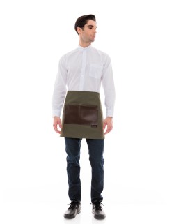 Χακί Ποδιά Unisex Barista Κοντή - Από Καμβά Ύφασμα & Καφέ Τετράγωνη Vegan Leather Τσέπη