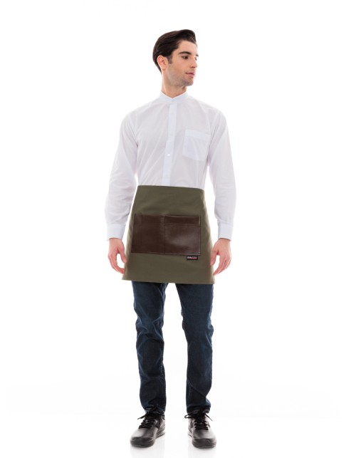 Χακί Ποδιά Unisex Barista Κοντή - Από Καμβά Ύφασμα & Καφέ Τετράγωνη Vegan Leather Τσέπη