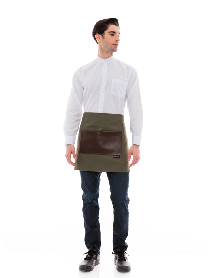 Χακί Ποδιά Unisex Barista Κοντή - Από Καμβά Ύφασμα & Καφέ Τετράγωνη Vegan Leather Τσέπη