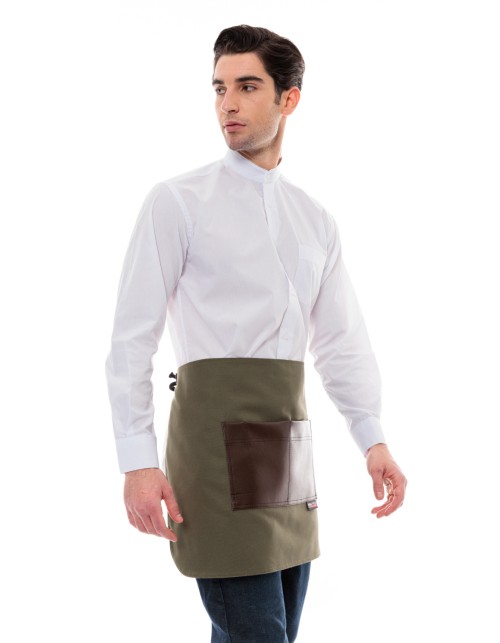 Χακί Ποδιά Unisex Barista Κοντή - Από Καμβά Ύφασμα & Καφέ Τετράγωνη Vegan Leather Τσέπη