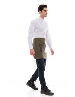Χακί Ποδιά Unisex Barista Κοντή - Από Καμβά Ύφασμα & Καφέ Τετράγωνη Vegan Leather Τσέπη