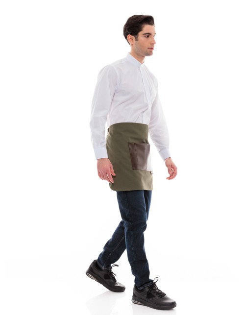 Χακί Ποδιά Unisex Barista Κοντή - Από Καμβά Ύφασμα & Καφέ Τετράγωνη Vegan Leather Τσέπη