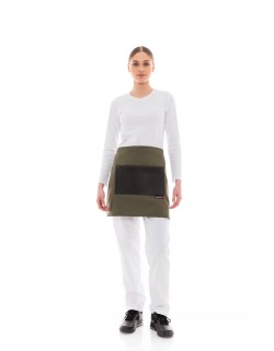 Χακί Ποδιά Unisex Barista Κοντή - Από Καμβά Ύφασμα & Μαύρη Τετράγωνη Vegan Leather Τσέπη