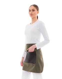 Χακί Ποδιά Unisex Barista Κοντή - Από Καμβά Ύφασμα & Μαύρη Τετράγωνη Vegan Leather Τσέπη