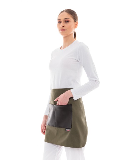 Χακί Ποδιά Unisex Barista Κοντή - Από Καμβά Ύφασμα & Μαύρη Τετράγωνη Vegan Leather Τσέπη