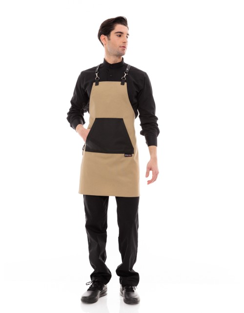Μπεζ Ποδιά Unisex Barista Στηθούρι - Από Καμβά Ύφασμα & Μαύρη Μάρσιπο Vegan Leather Τσέπη
