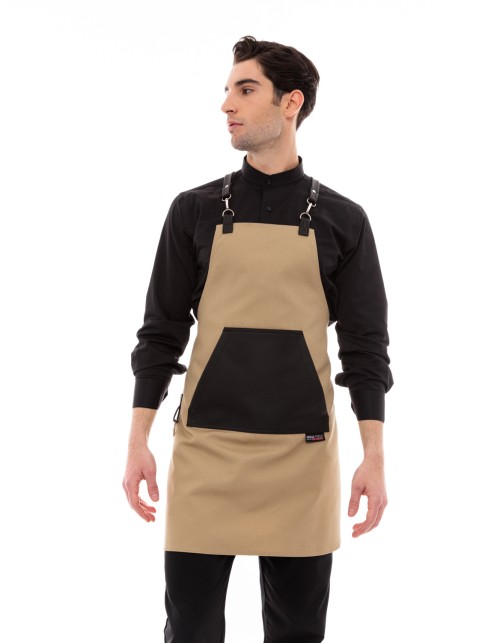 Μπεζ Ποδιά Unisex Barista Στηθούρι - Από Καμβά Ύφασμα & Μαύρη Μάρσιπο Vegan Leather Τσέπη