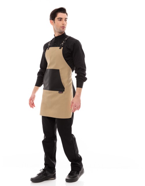 Μπεζ Ποδιά Unisex Barista Στηθούρι - Από Καμβά Ύφασμα & Μαύρη Μάρσιπο Vegan Leather Τσέπη