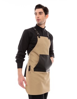 Μπεζ Ποδιά Unisex Barista Στηθούρι - Από Καμβά Ύφασμα & Μαύρη Μάρσιπο Vegan Leather Τσέπη